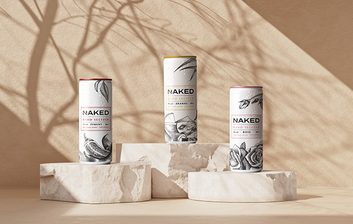 Packaging graphique pour Naked, une marque de hard seltzer aux saveurs fraîches et audacieuses