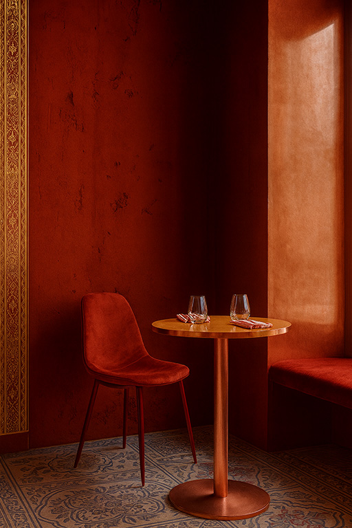 Coin salon rouge — deux chaises et table ronde, ambiance chaleureuse