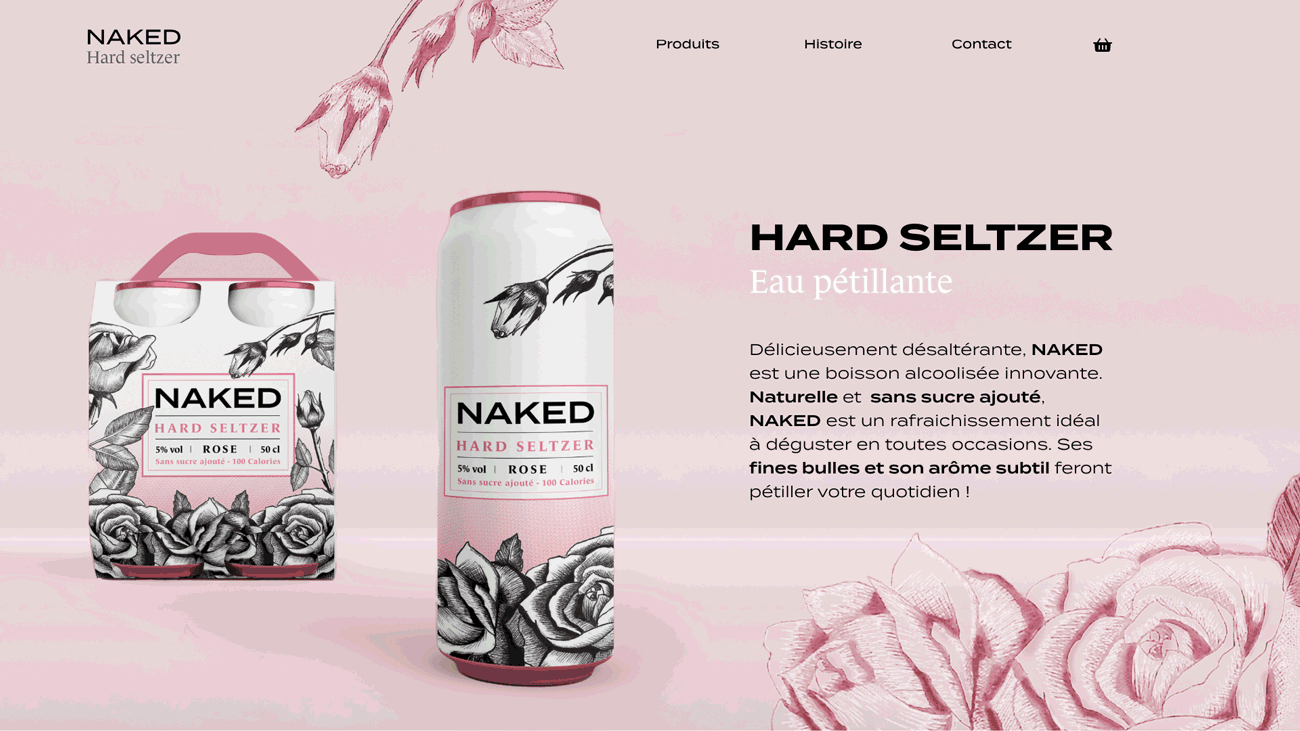 Maquette web Naked Ananas — landing, typographies, canette et footer