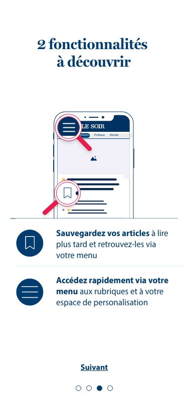 Onboarding Le Soir - écrans illustrés fonctionnalités