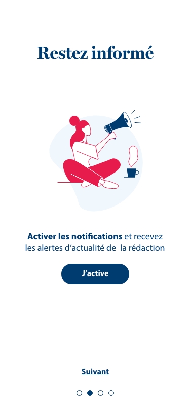 Onboarding Le Soir - écrans illustrés : rester informé et fonctionnalités