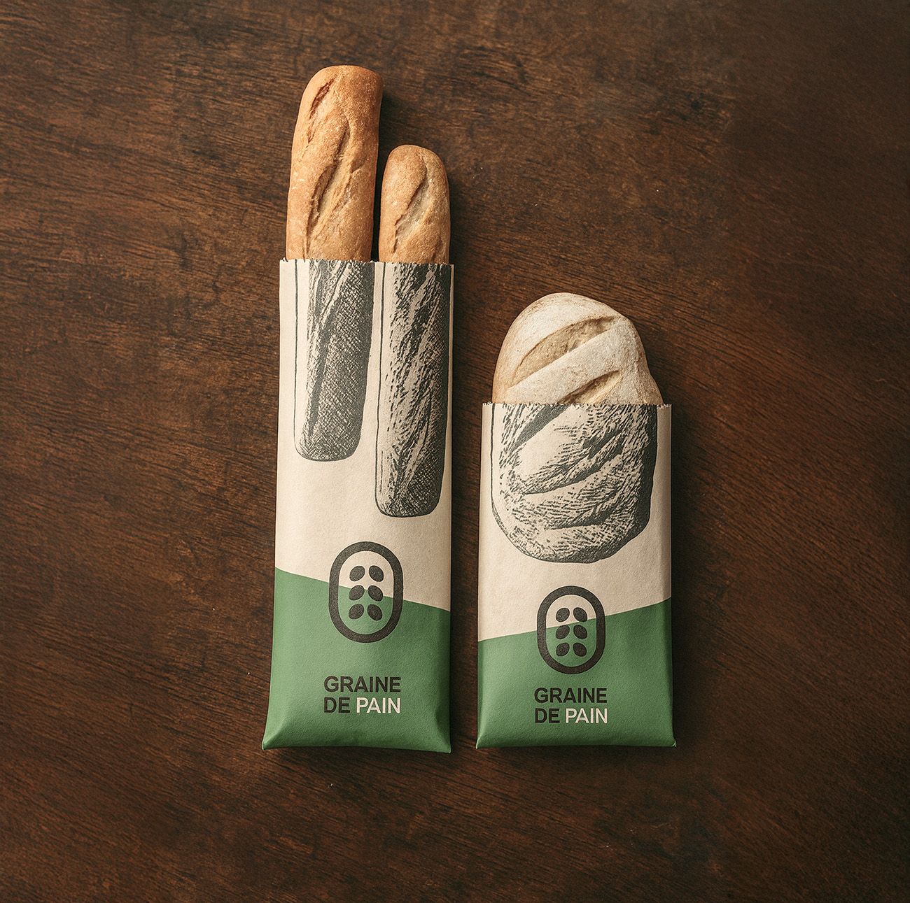 Poche baguette vert sauge avec logo Graine de Pain - deux formats