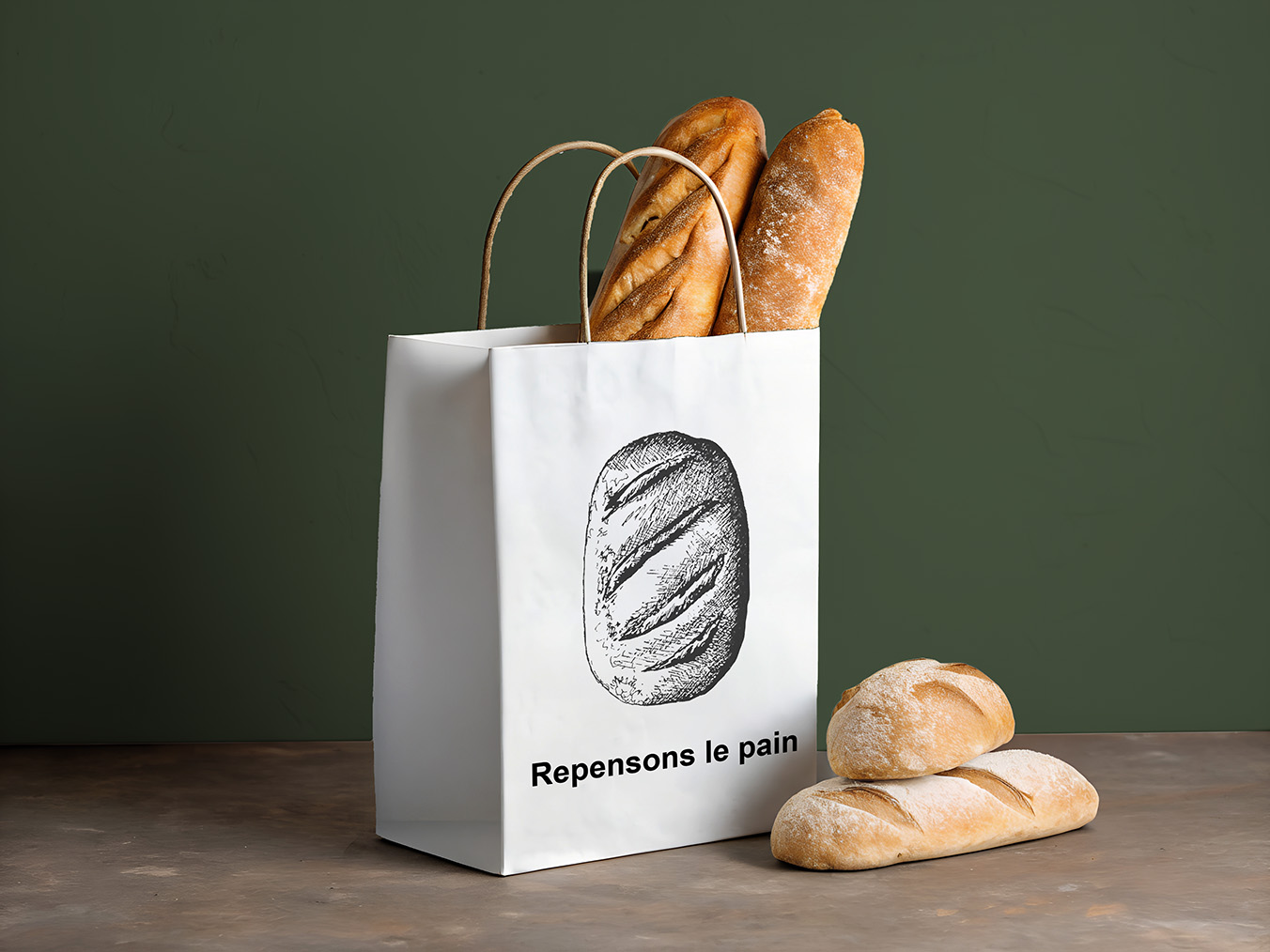 Sac kraft blanc imprimé gravure de pain - baguettes et petits pains