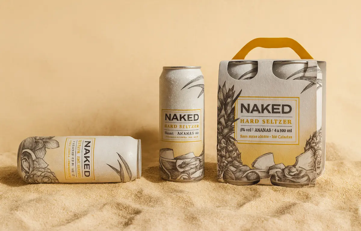 Packaging Naked — canette couchée, canette debout et pack 4 sur sable