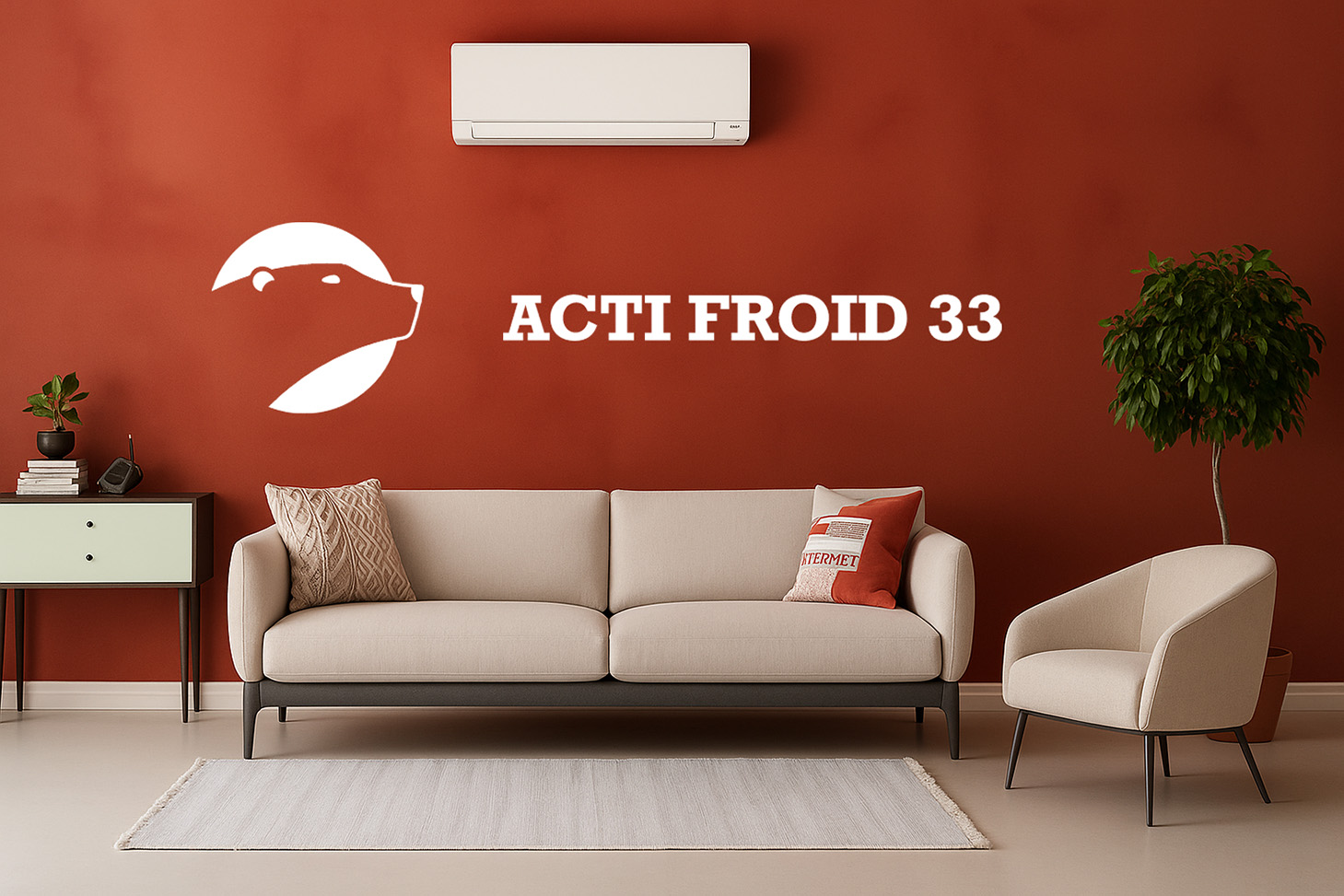 Acti Froid 33 — logo ours polaire sur mur rouge, salon avec clim murale